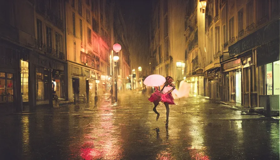 Image similar to street of paris photography, night, rain, mist, a prima ballerina dancing, a pink umbrella, cinestill 8 0 0 t, in the style of william eggleston