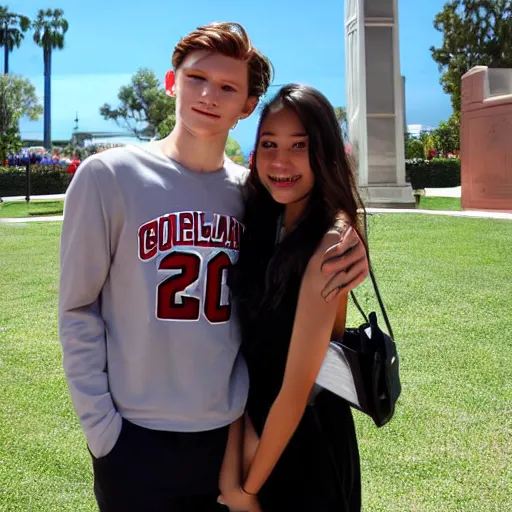 Prompt: Tom Holland with his arm around a beautiful Filipina college girl at Chapman University monument