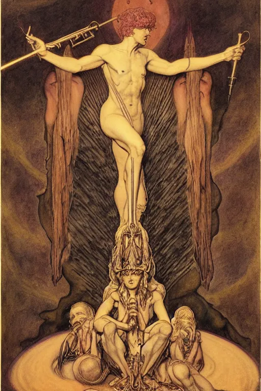 Image similar to occult diagram of the trumpet of spirit conversation in the style of wayne barlowe, gustav moreau, goward,  Gaston Bussiere and roberto ferri, composition by austin osman spare