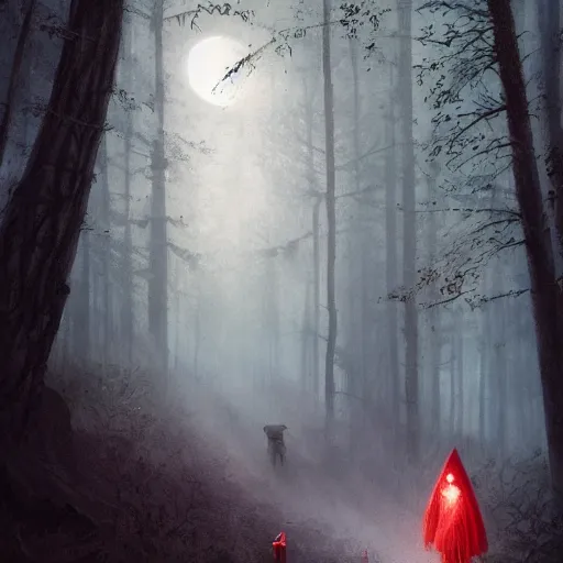 Image similar to little red ridinghood on a dark moonlight forest path being stalked by a wolf, darkwave, darksynth, concept art, sharp, digital matte painting, art by, greg rutkowski, wlop, dramatic lighting, trending on artstation