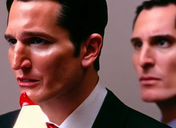 Image similar to film still of ted cruz as patrick bateman wearing a bloody poncho holding a knife in american psycho