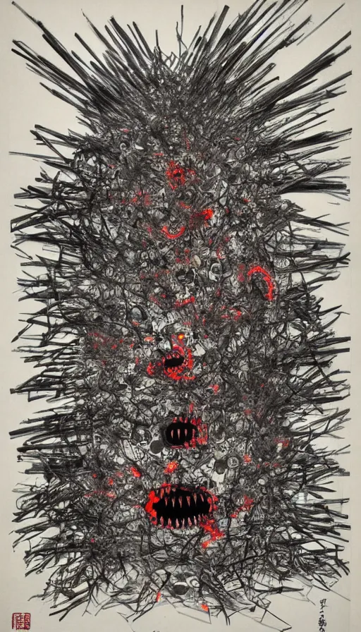 Image similar to a storm vortex made of many demonic eyes and teeth, by zeng fanzhi