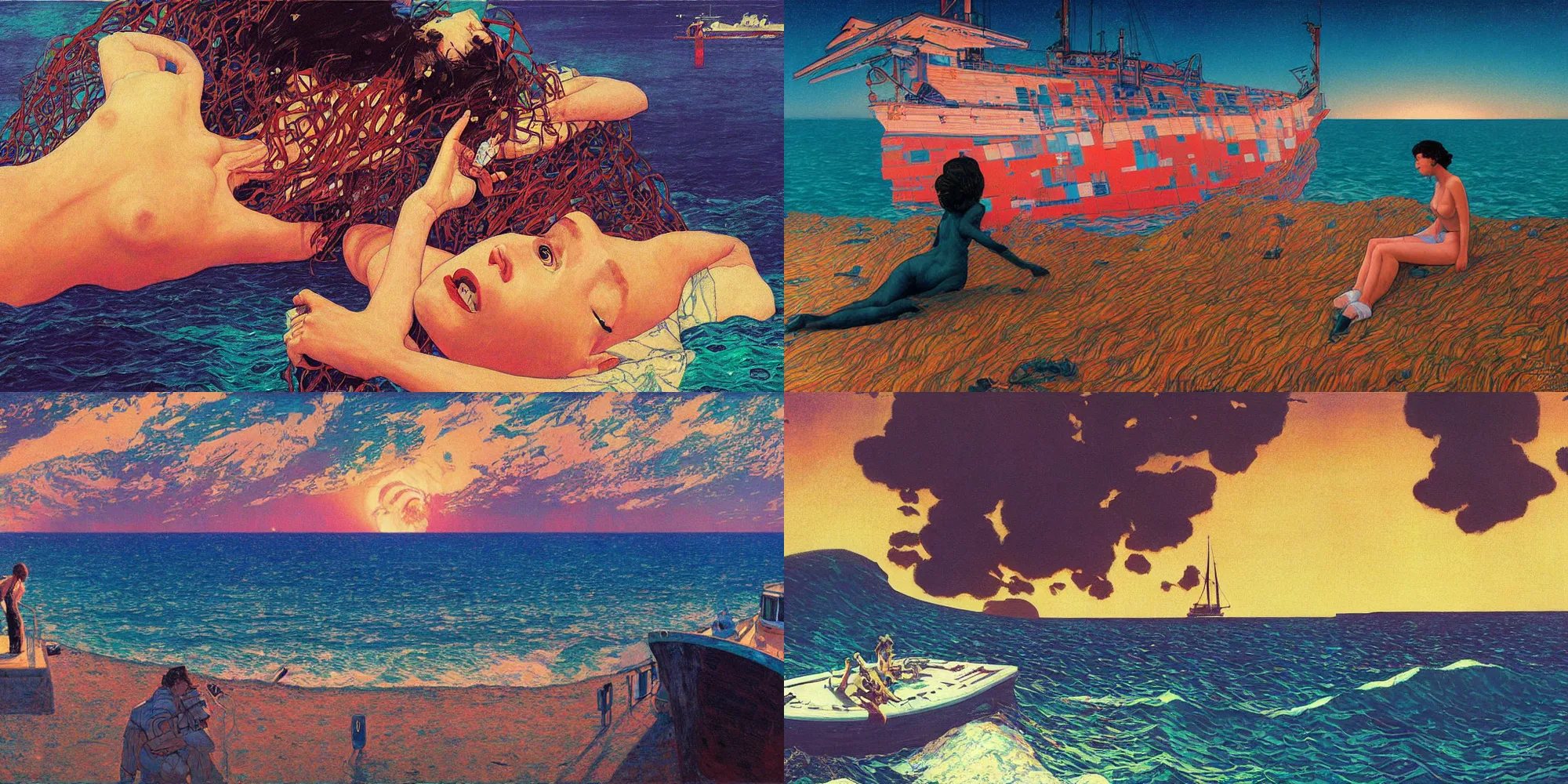 Prompt: A synthwave shipwreck painted by Ilya Kuvshinov and Gustav Klimt and Edward Hopper