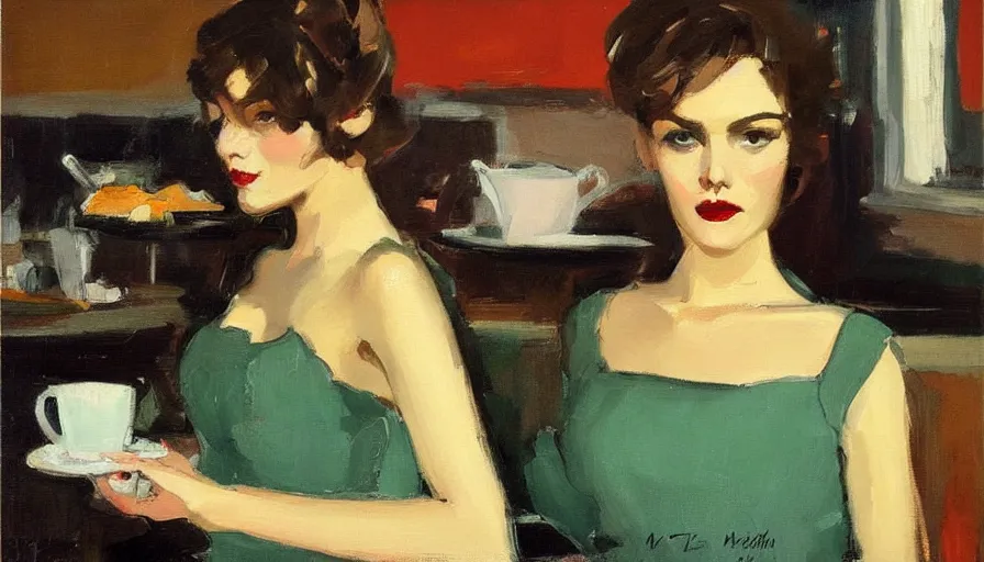 Prompt: painting by malcolm t liepke, young woman in cafe, detailed, stunning