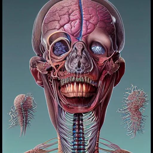 Image similar to nightmare etherreal iridescent vascular nerve bundles pearlescent spinal chord horror by naoto hattori, zdzislaw, norman rockwell, studio ghibli, anatomical cutaway