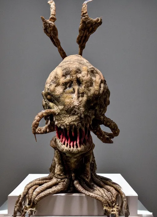 Prompt: an ugly teratoma on a plinth in the middle of a museum room full of people painted by hopper and giger