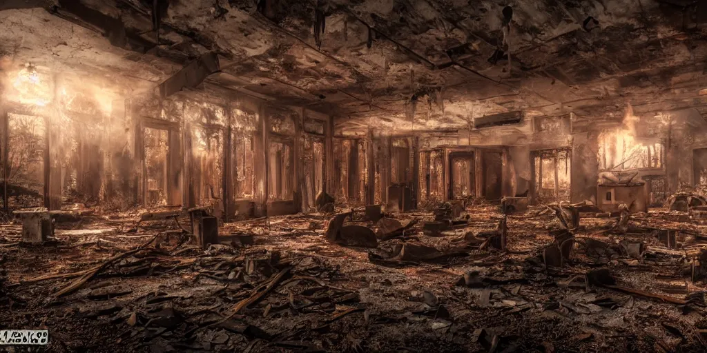 Prompt: an open abandoned mysterious location of evil sociopath supervillian with his gang, fire, night, dark, evil, chainsaw, pits, mysterious, murder, blood, unreal 5, hyperrealistic, realistic, photorealistic, dynamic lighting, highly detailed, cinematic landscape, studio landscape, studio lighting