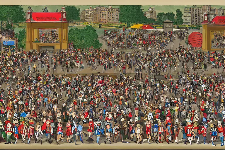 Image similar to an elaborate penned illustration of a convention of waldo's in nee york city and central park, where's wally, where's waldo, by martin hand ford and by jan van haasteren