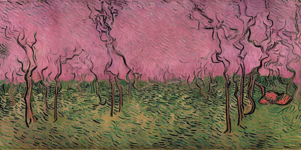 Prompt: a dark cave with bright light at the exit and a pink peach blossom forest outside, by Vincent van Gogh