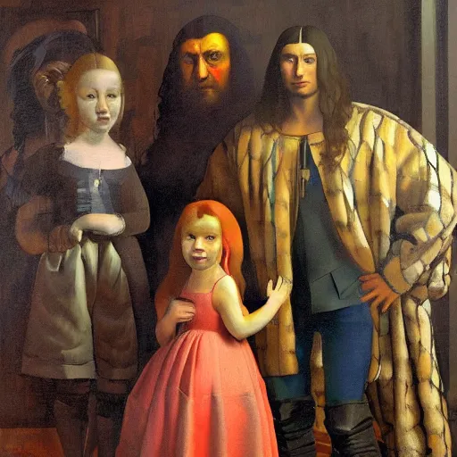 Image similar to a modern family portrait, dmitry spiros, leonardo da vinci, jacques - louis david, johannes vermeer, 8 k, wide angle, trending on artstation,