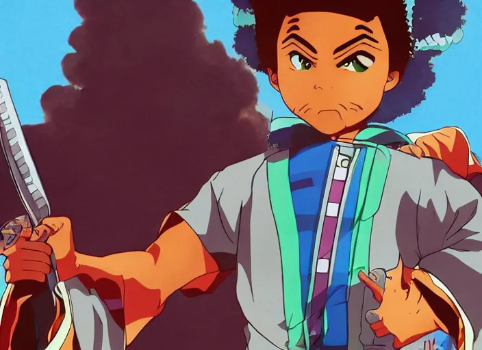 Image similar to huey freeman from boondocks in a samurai outfit in 8 0 s futurism style, anime, detailed, 4 k - h 1 0 2 4