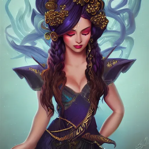 Image similar to fantasy genie, glossy eyes, face, long hair, fantasy, intricate, elegant, highly detailed, digital painting, artstation, concept art, smooth, sharp focus, illustration