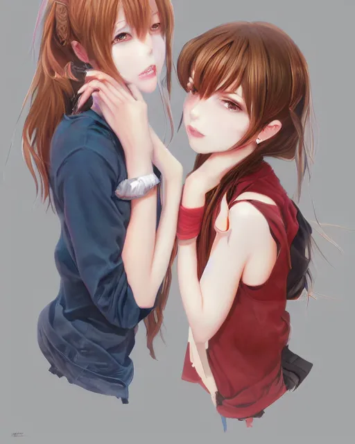 Image similar to portrait of two girls kissing, anime, drawn by WLOP, trending on Artstation