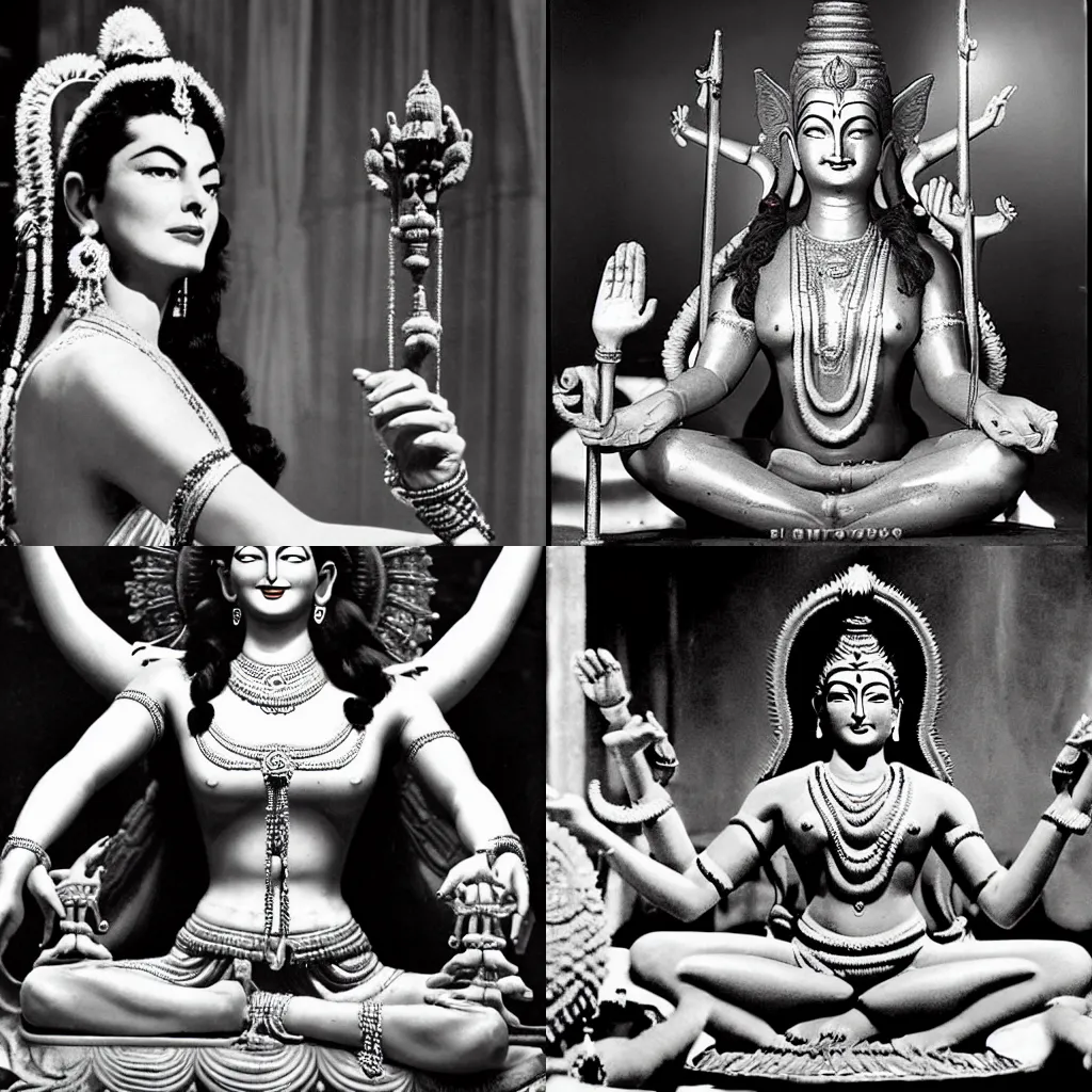 Prompt: a biopic of the goddess shiva in the 1 9 5 0 s with ava gardner playing the role of shiva. ava gardner is seated in the center of an indian room and use her eight arms to manipulate several objects. cinematic, 5 0 mm, highly intricate, award - winning photography, black and white, contrasted