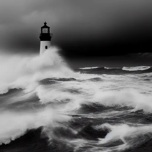 Image similar to award winning photograph of a lighthouse being battered by stormy seas, dark, moody, cinematic, 8k