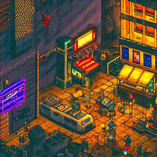 Image similar to fantastic lighting, pixel art, high detail , 16 bits, cyberpunk market, 2d