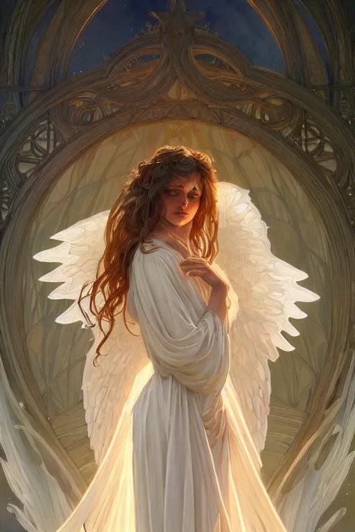 Prompt: Angels in white gauze dresses, the glow of the moonlight, fantasy, intricate, elegant, highly detailed, digital painting, artstation, concept art, matte, sharp focus, illustration, art by Artgerm and Greg Rutkowski and Alphonse Mucha