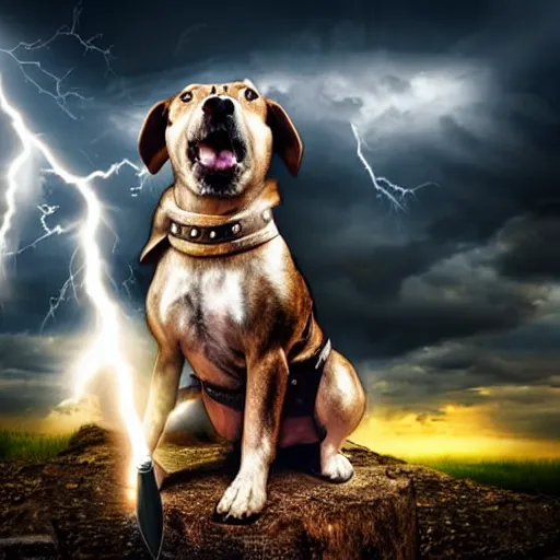 Image similar to a canine thor holding his hammer, dramatic lightning background