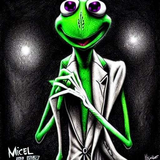 Image similar to michael karcz grunge cartoon drawing of kermit the frog. , in the style of corpse bride, loony toons style, horror themed, detailed, elegant, intricate