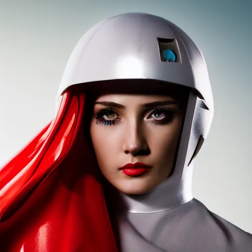 Image similar to headshot of an beautiful female soldier in glossy sleek white armor with tiny red details and a long red cape, downward angle, determined expression, on the surface of mars, night time, dramatic lighting, cinematic, sci-fi, hyperrealistic