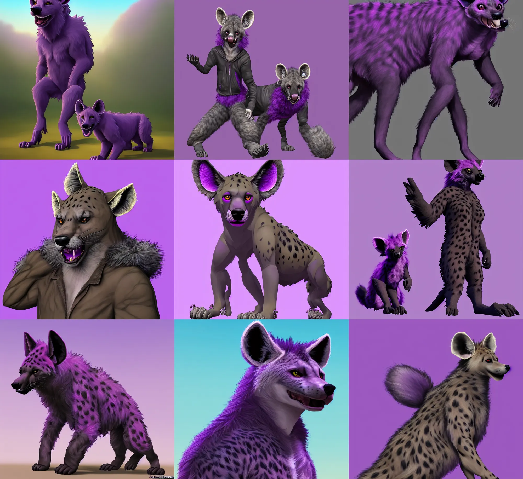Prompt: a full - body centered front - perspective furry male fursona portrait, a male hyena fursona, purple and black fur color scheme, idyllic setting with natural background, trending on weasyl, painted in zbrush, high - resolution, godrays, photorealistic