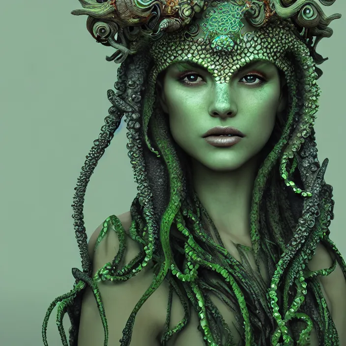 Prompt: front view portrait of a beautiful dark water goddess warrior, fish scale skin, jade green eyes, green lips, entwined in seaweed and coral, octopus and starfish crown, highly detailed, sci - fi, intricate, decadent, highly detailed, octane render, concept art, smooth, sharp focus, hyper - realistic