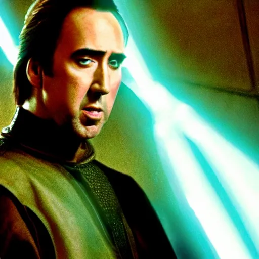 Image similar to Nicholas Cage as a Jedi Knight, cinematic, Kodak 2383 film