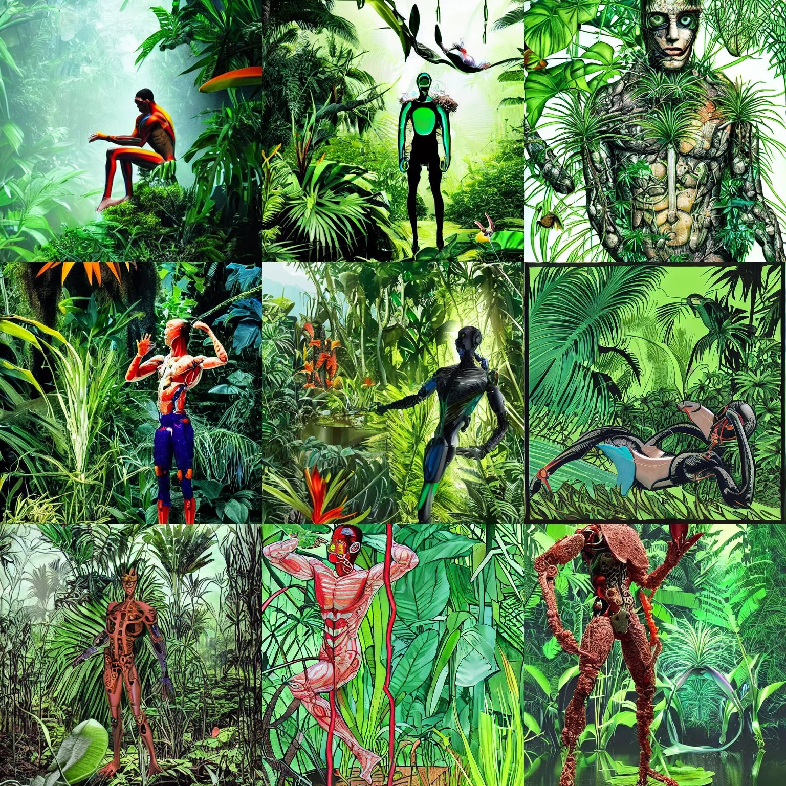 Prompt: cyborg that is overgrown by plants, staying partially in water in the middle of jungle, watching a bird - of - paradise dance, modern art