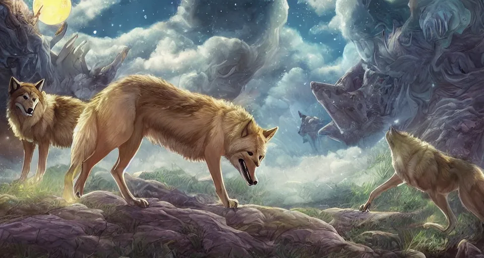 Image similar to wolves and their treasures - astral landscape, trending on artstation, illustration, digital painting, highly detailed render by studio ghibli