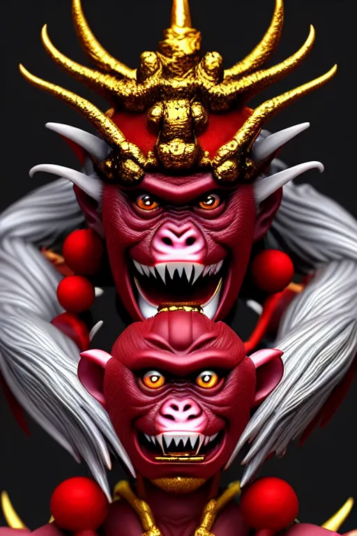 Prompt: single demon monkey king, evil grin, manga style only, black white red and gold colors only, symmetrical face, symmetrical full body, demonic, low angle view, cinematic, dramatic, super detailed and intricate, hyper realistic, 4 k render, by artgerm, by kyoung hwan kim, by ralph mcquarrie, by yoshiyuki tomino