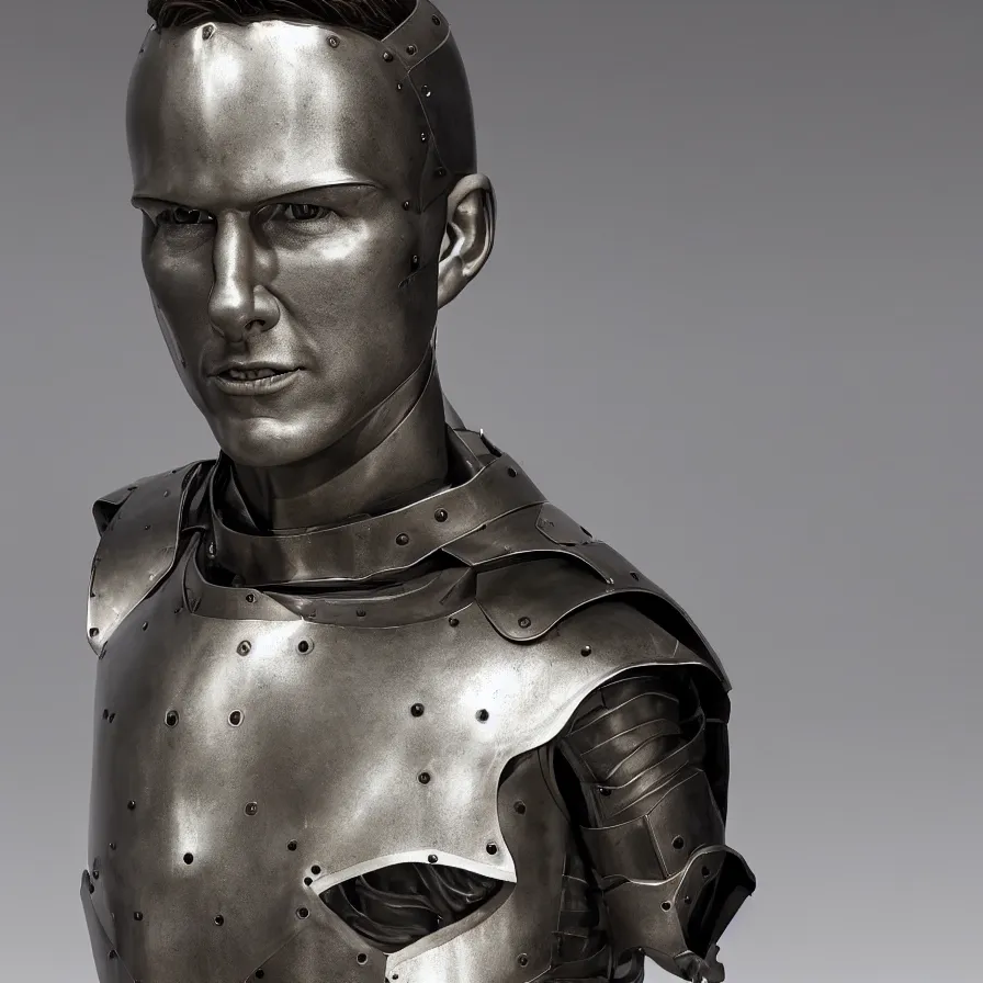 Image similar to studio photograph of hyperrealistic accurate portrait sculpture of tom cruise, beautiful symmetrical!! face accurate face detailed face realistic proportions, made of polished steel plate armor on a pedestal by ron mueck and frank frazzetta, hyperrealism cinematic lighting shocking detail 8 k