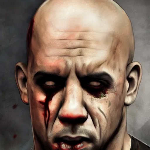 Image similar to a zombie Vin Diesel, by WLOP, horror, wounds, bloody, dark fantasy, trending on artstation