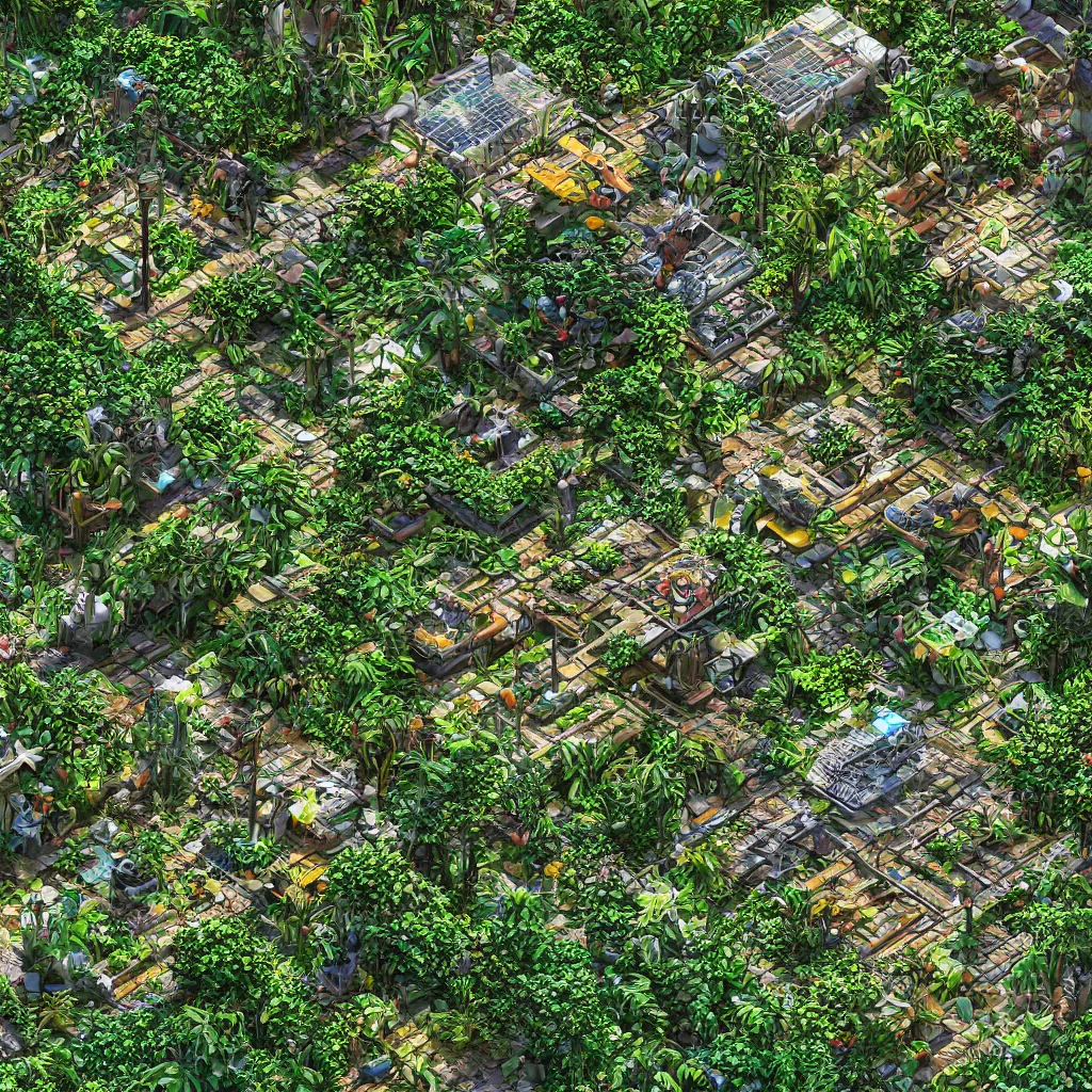 Prompt: Isometric photorealistic render of a solarpunk jungle, 4K PBS rendering