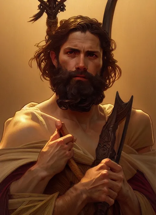 Image similar to portrait of biblical cain holding a spear, intricate, headshot, highly detailed, digital painting, artstation, concept art, sharp focus, cinematic lighting, illustration, art by artgerm and greg rutkowski, alphonse mucha, cgsociety