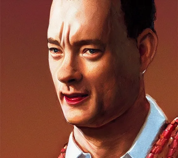 Prompt: Tom hanks as forrest gump wearing a necklace of shrimps around the neck, realistic face, digital art, in the style of Raphael Lacoste, amazing detail, artstation