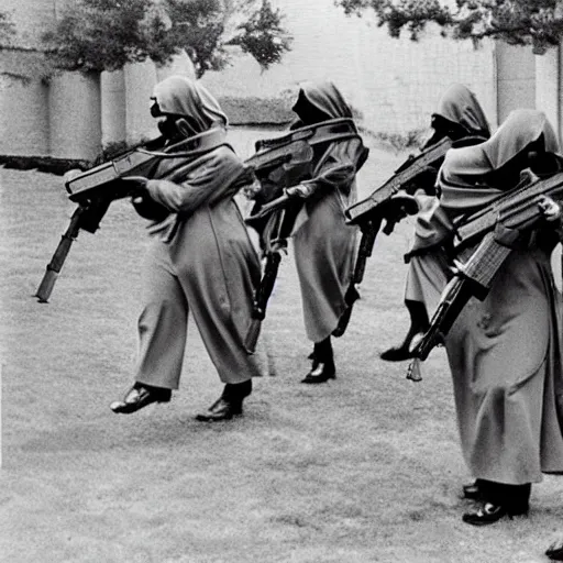 Prompt: nuns in military uniform with futuristic laser assault rifles