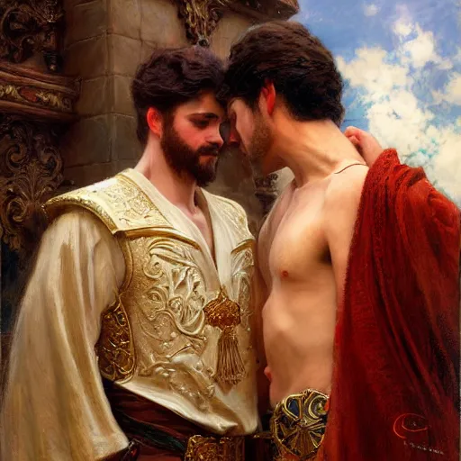 Image similar to attractive fully clothed king confesses his love for his attractive fully clothed male prince. highly detailed painting by gaston bussiere, craig mullins, j. c. leyendecker 8 k