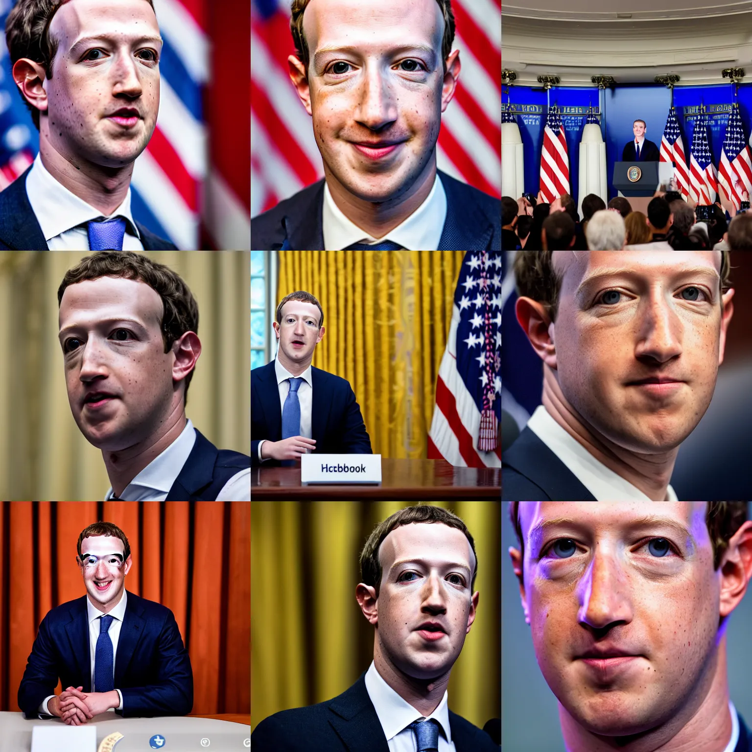 Prompt: headshot of Mark Zuckerberg the president of the united states in the white house press room, EOS-1D, f/1.4, ISO 200, 1/160s, 8K, RAW, unedited, symmetrical balance, in-frame, Photoshop, Nvidia, Topaz AI