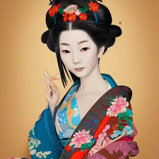 Image similar to Very very very very highly detailed epic central composition studio photography of A Japanese geisha in a colorful bikini, intricate, medieval, extremely detailed, digital painting, artstation, concept art, smooth, sharp focus, illustration, studio lighting, incredible art by Anna Dittmann and Anton Pieck