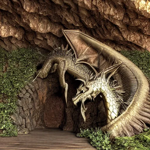 Prompt: dragon at the entrance to a mountain cave, sharp, realistic render