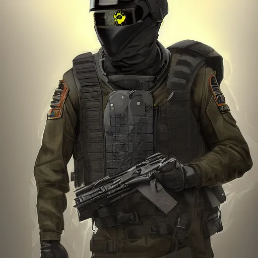 Image similar to futuristic insurgent wearing black helmet, brown cloak, technical vest, and a backpack, photorealistic, digital art