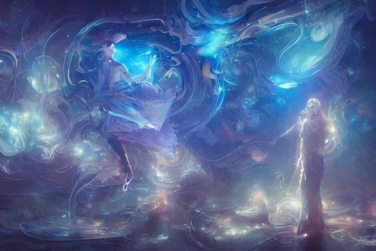 Prompt: transparent ghostly people in a nebula of sound, arcs of fiery neon light, swirling mystical particles and glowing musical notes floating, beautiful, intricate, highly detailed concept art by artgerm and greg rutkowski and android jones