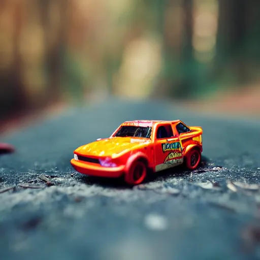 Image similar to macro photography of a toy hot wheels car driving through a forest fire, 3 5 mm