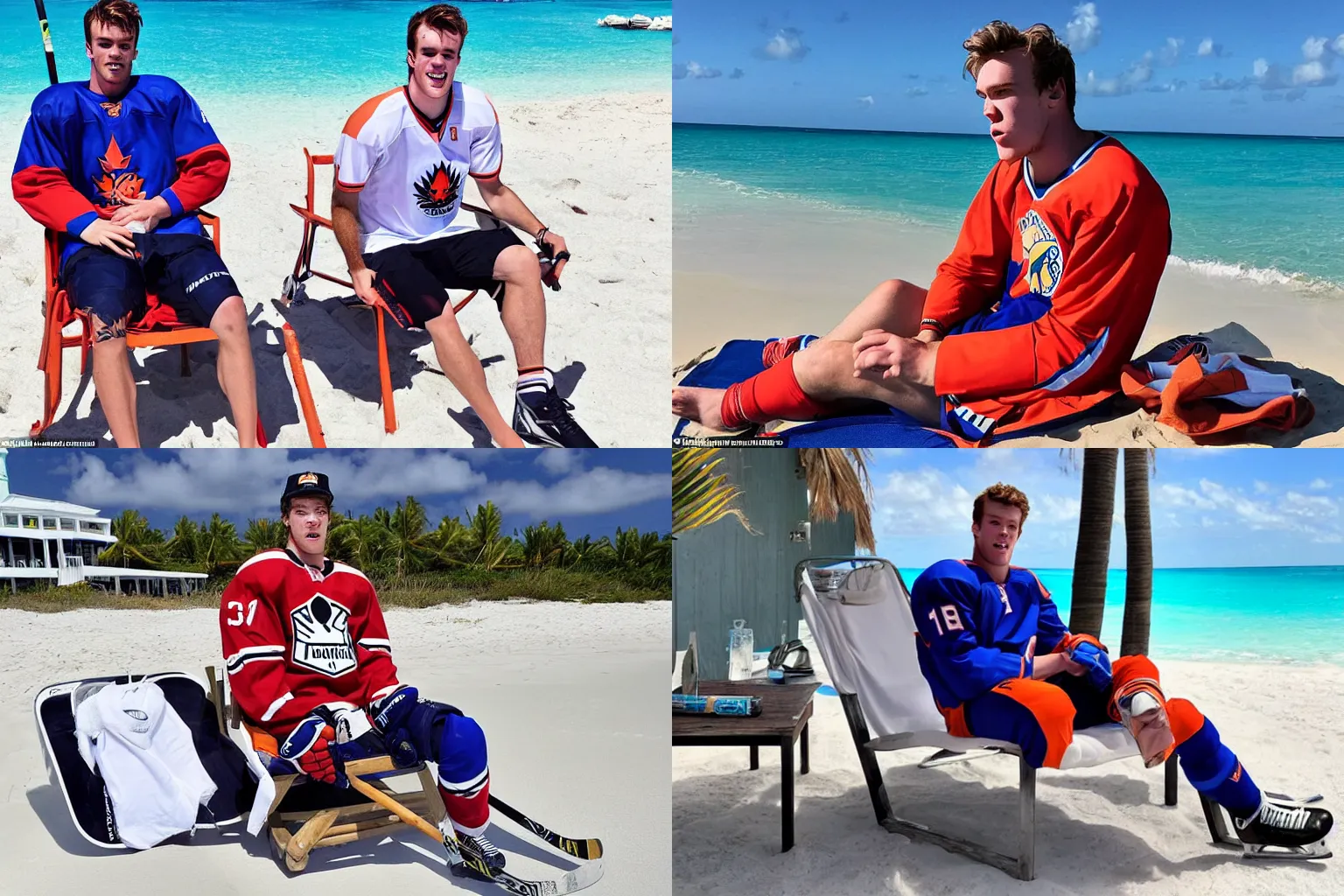 Prompt: Hockeyplayer Connor McDavid wearing full Hockey gear and sitting in a sunchair on the beach of Bahamas, there is a cigar in his mouth