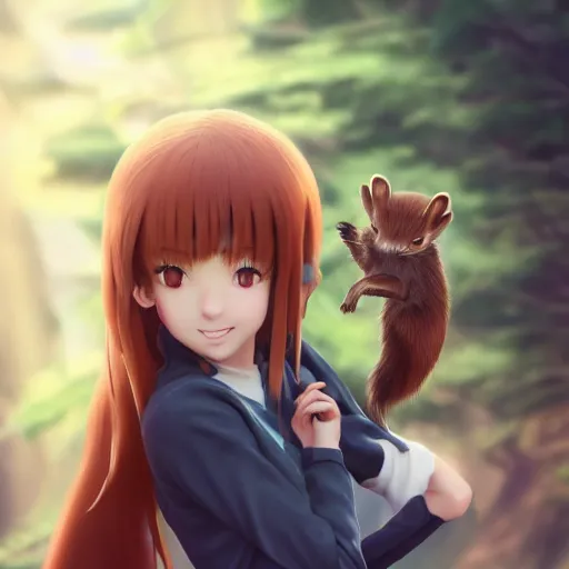 Prompt: Render of a beautiful realistic anime girl holding a pine marten, 4k, CGsociety, golden hour, trending on artstation, octane render, composition