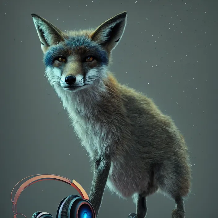 Image similar to fox with headphones, HD, 4K, intricate abstract. intricate artwork. by Tooth Wu, wlop, beeple, dan mumford, octane render, trending on artstation, greg rutkowski very coherent symmetrical artwork. cinematic, hyper realism, high detail, octane render, 8k, iridescent accents