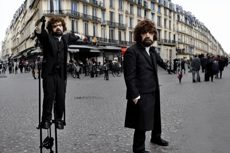 Image similar to peter dinklage on stilts walking in the hazzy streets of paris, in the style of eugene atget and peter witkin