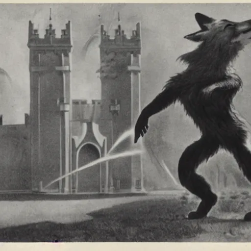 Prompt: anthropomorphic fox man fights in front of a castle that is on fire as many other anthropomorphic animals watch, 1910s film scene