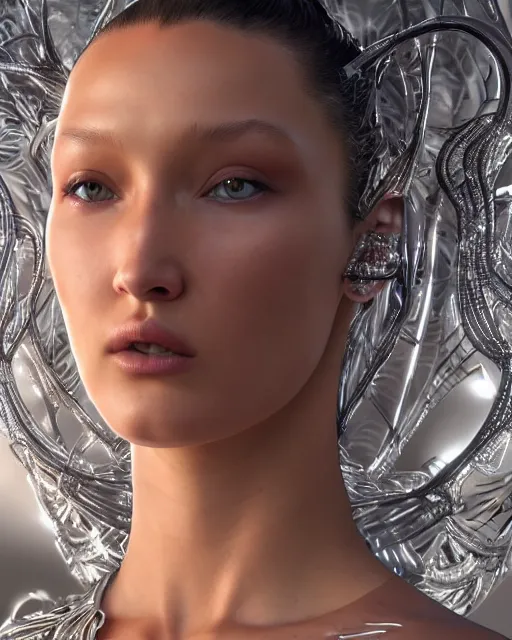 Image similar to a highly detailed metahuman 8 k close up render of bella hadid as alex grey art renaissance in iris van herpen dress trending on artstation made in unreal engine 4