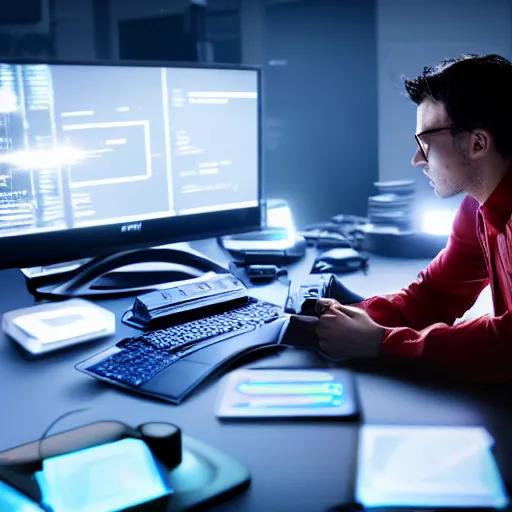 Image similar to a programmer at the table in front of a computer with multiple screens, long lines of code, IT, matrix style, 4k, ultra details, cinematic, epic style, beautiful photo, hyper realistic, octane render, unreal engine, award winning, on artstation, volumetric lightning, dramatic lights, masterpiece,